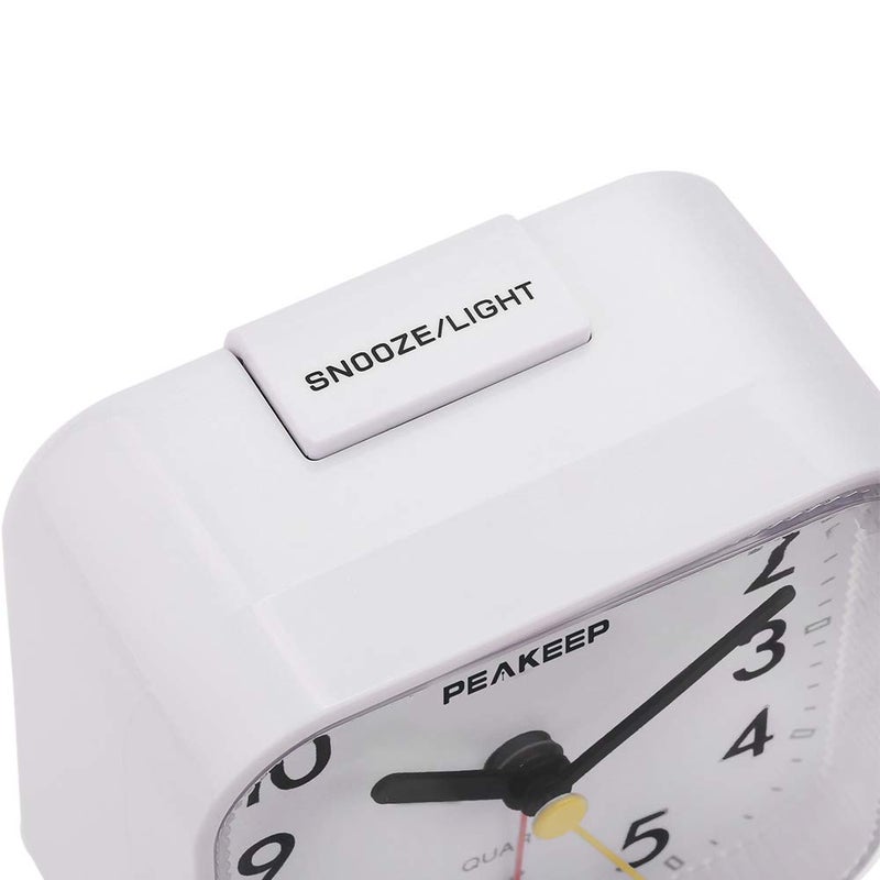 Peakeep Small Battery Operated Analog Travel Alarm Clock Silent No Ticking  Lighted on Demand and Snooze  Beep Sounds  Gentle Wake  Ascending Alarm  Easy Set (White) - Image 3